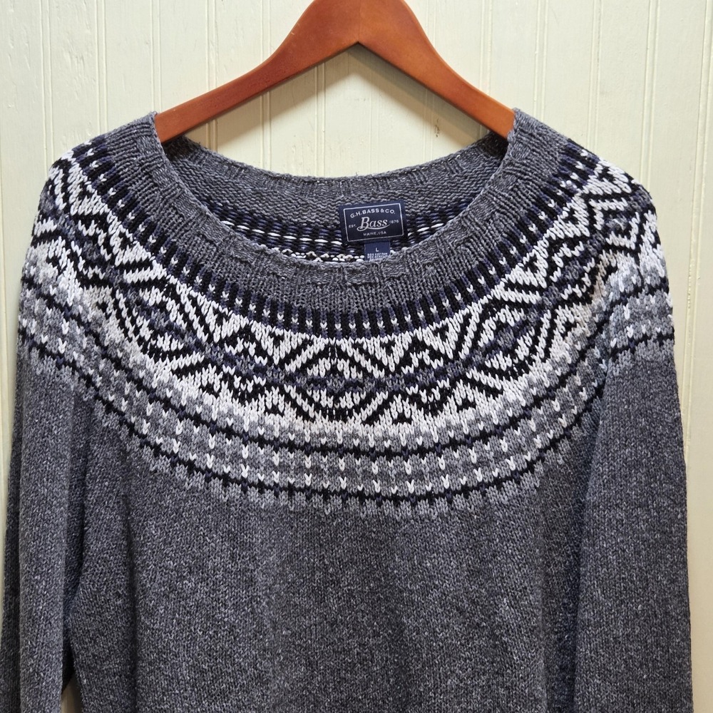 G.H. Bass & Co. Sweater Mens Large‎ Gray Fair Isle Crewneck Knit Pullover